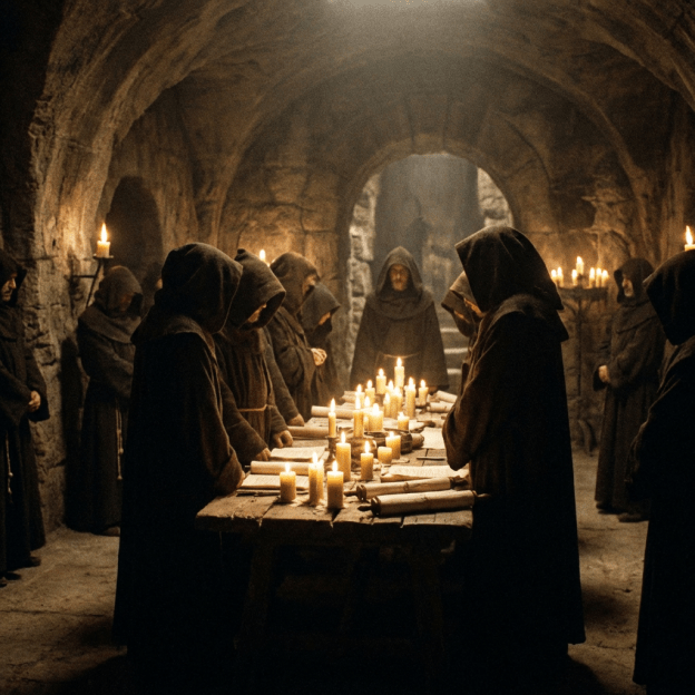 Hooded figures gather around a table with candles and scrolls in a stone vaulted room.