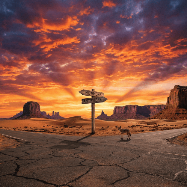 Desert crossroads signpost with signs reading "Nowhere" and "Anywhere" under a dramatic sunset sky.