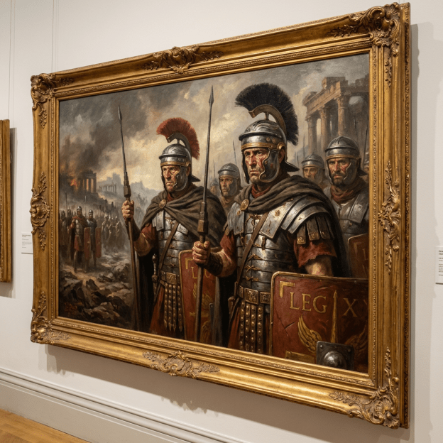 Roman soldiers in armor holding spears and shields with burning ruins behind them