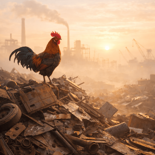 Rooster perched on rusted scrap metal with industrial plant and smoke in the background at sunset