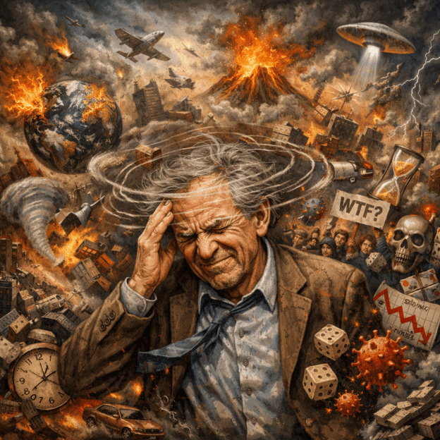 Man holding head overwhelmed with surrounding destruction including volcanic eruption, burning Earth, tornado, viruses, dice, and protests