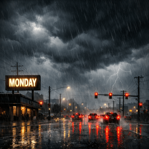 City street at night in heavy rain with cars stopped at red lights and a lit sign reading Monday
