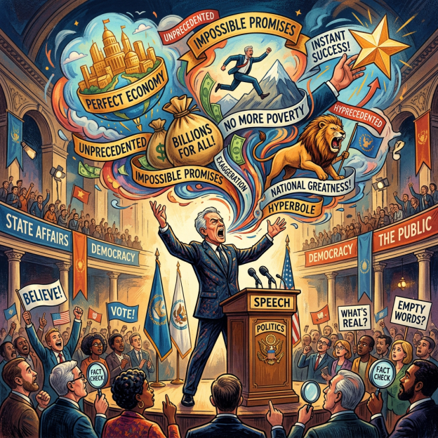 Politician giving a speech with banners and signs questioning truth and promises