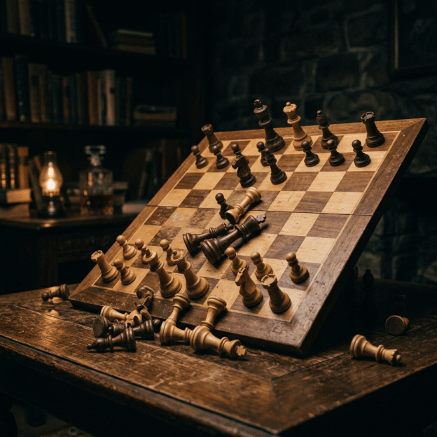 Tilted wooden chessboard with multiple chess pieces fallen and scattered on table