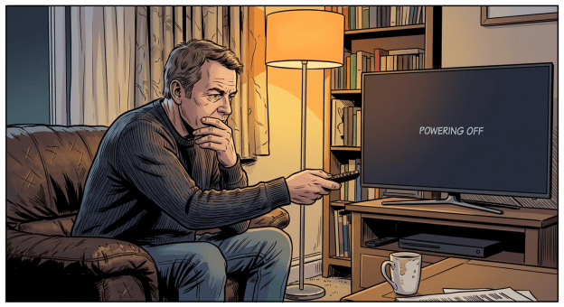 Man holding remote control powering off TV displaying 'Powering Off' message