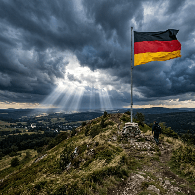 German flag flying on a hill with sunbeams shining through cloudy sky