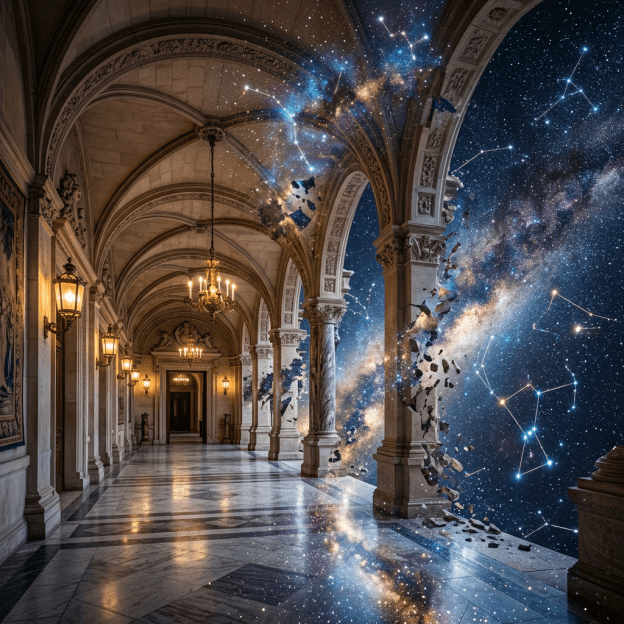 Ornate marble corridor with arches breaking into a starry galaxy filled with constellations