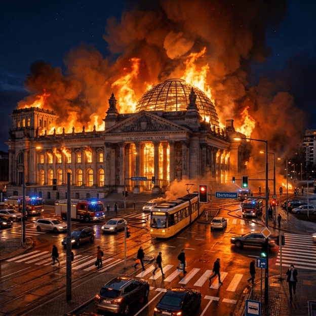Parliament House building on fire with smoke, flames, emergency vehicles, and pedestrians crossing street