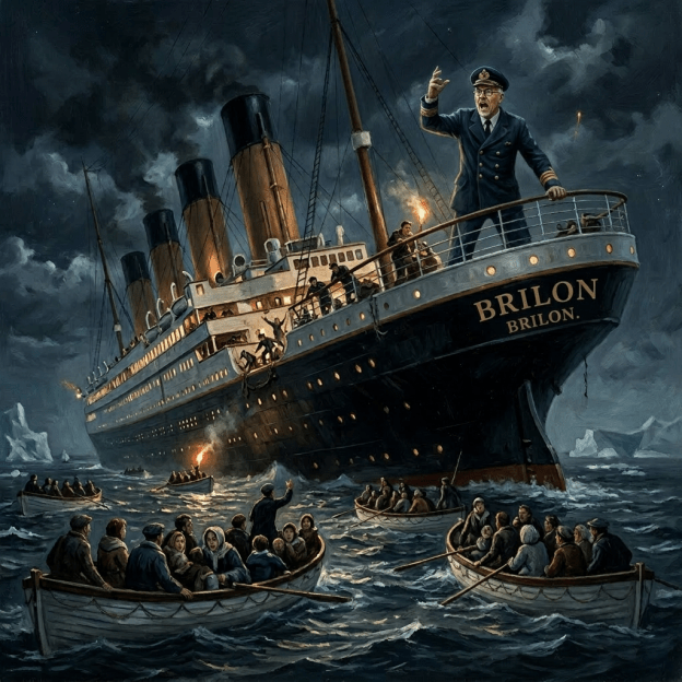 Survivors in lifeboats near the sinking Titanic with crew signaling and dark stormy sky