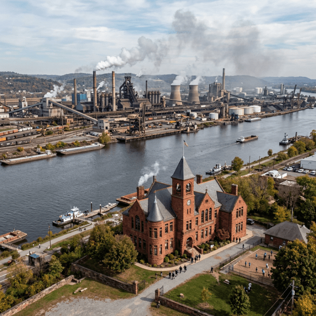 Historic red-brick building with towers by riverfront; large industrial plant with smokestacks across river
