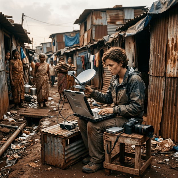 Journalist operating a laptop connected to a satellite dish in a rural village