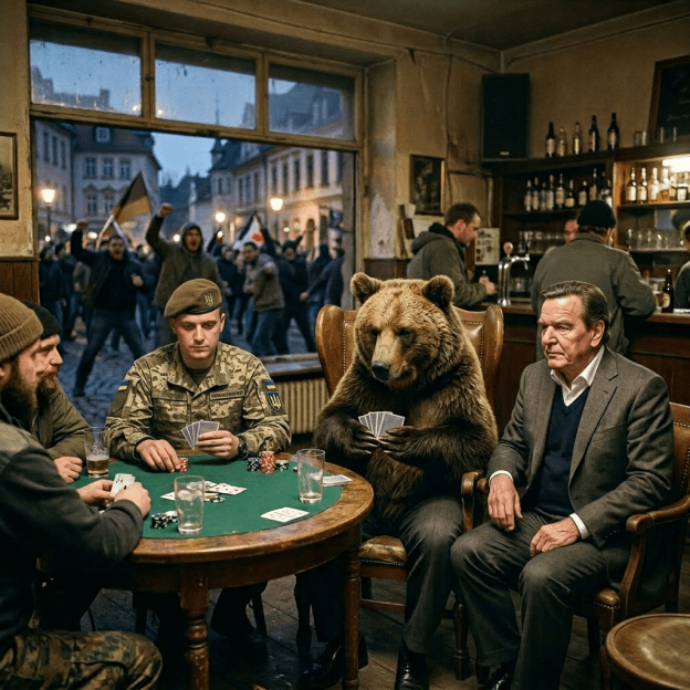 Man petting a bear at poker table with soldier playing cards
