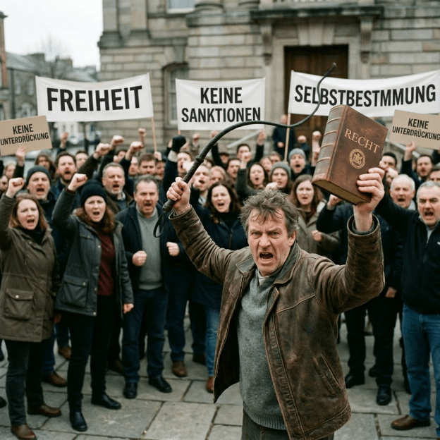 Group of protesters demanding justice and law rights, man in front holding book and whip