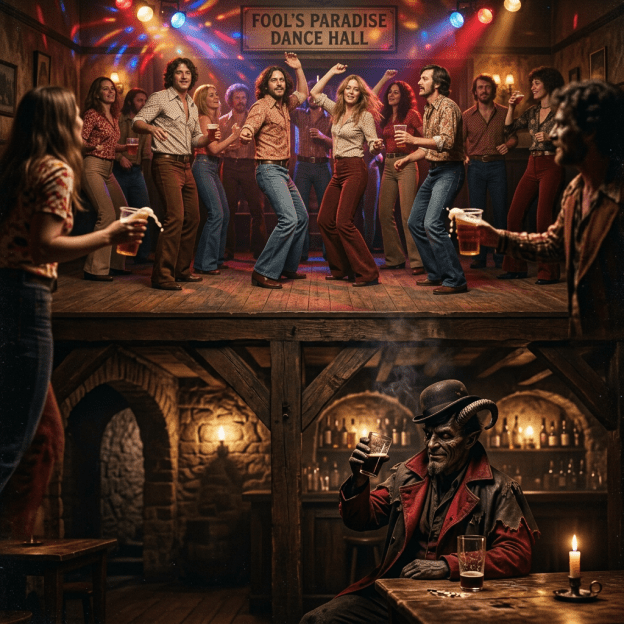 People dancing in a 70s-style dance hall with colorful lights and a sign reading 'Fool's Paradise Dance Hall,' with a horned devil-like character sitting below at a dimly lit wooden table in a tavern