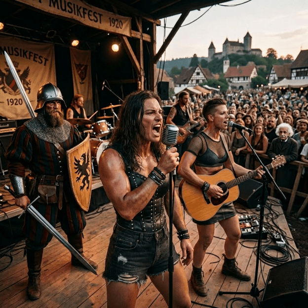 Medieval-themed rock band performing on stage with a costumed knight and enthusiastic audience outdoors