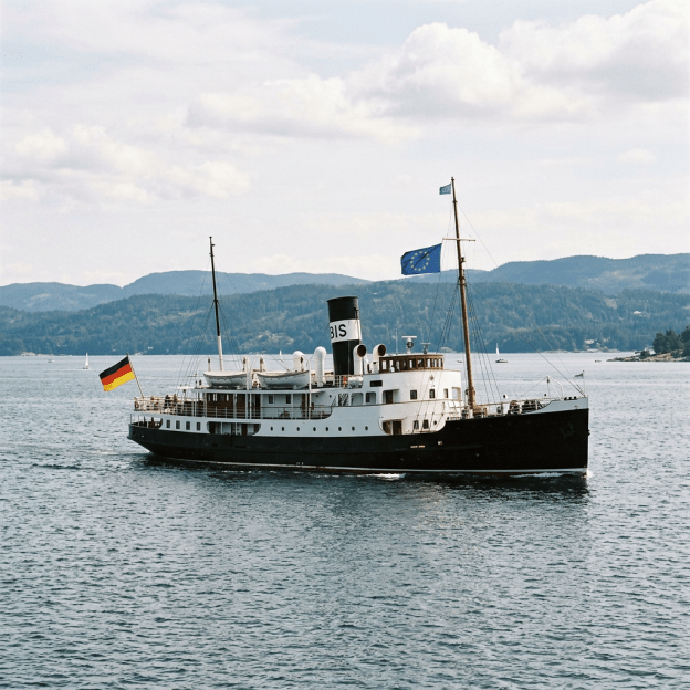 Black and white historic steamship with German and European flags on calm water