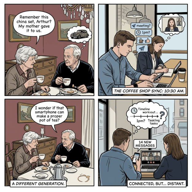 Older man and woman drinking tea at a table contrasted with young man and woman working on laptops in a café