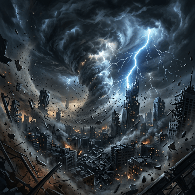 Tornado and lightning destroying city buildings with debris flying