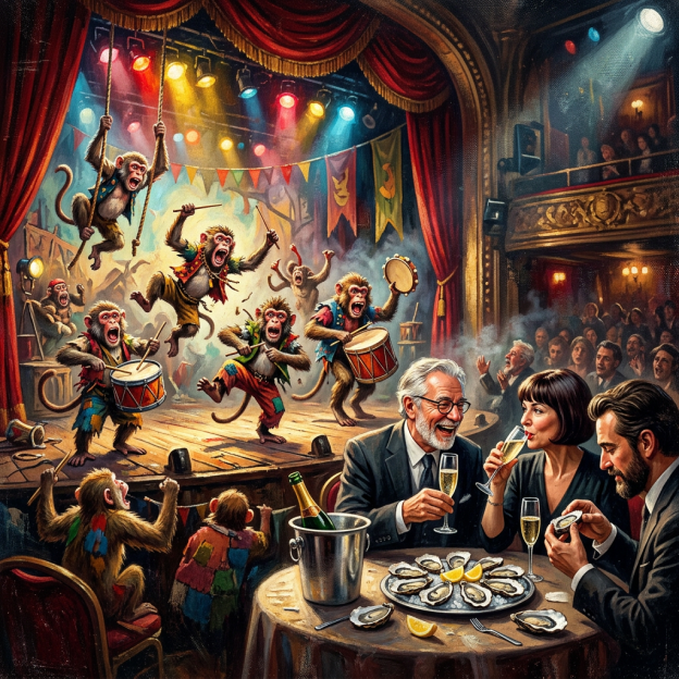 Monkeys playing drums and swinging on ropes on a colorful theater stage with an audience dining and watching.