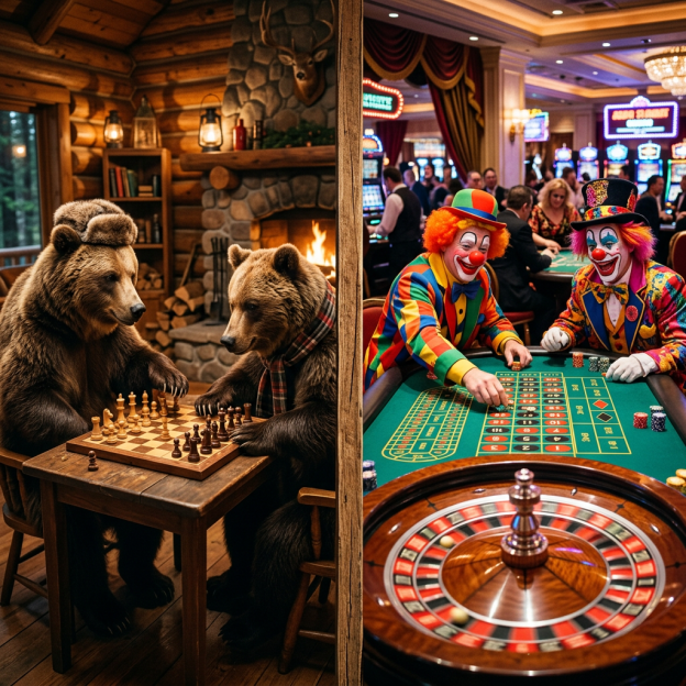 Two bears playing chess in a cabin and two clowns gambling at a casino table