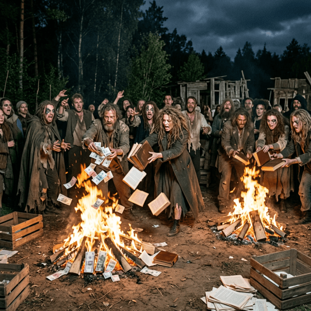 Group of people burning books and paper money in two large fires outdoors at night