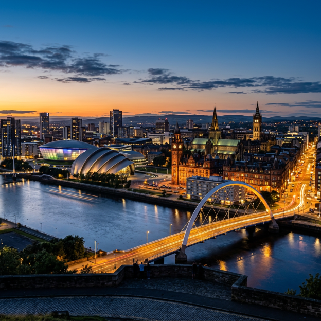 Evening cityscape of Glasgow with River Clyde, illuminated buildings, and a lit arched bridge