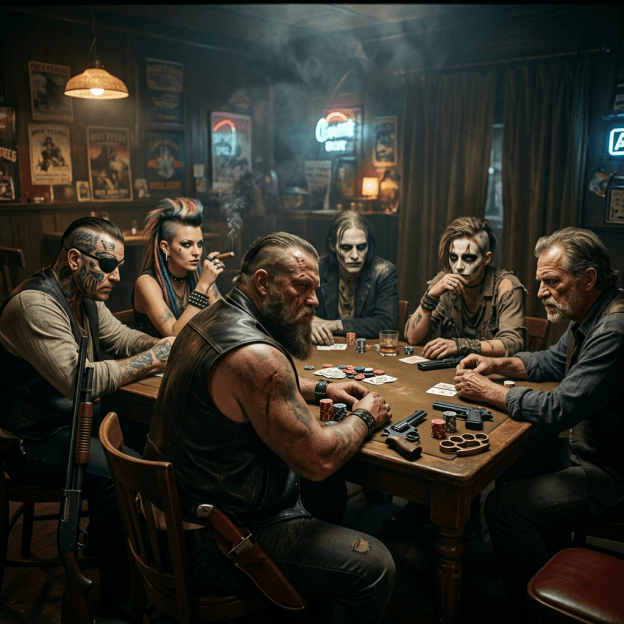 Six tough characters playing poker at a wooden table with cards, poker chips, and weapons