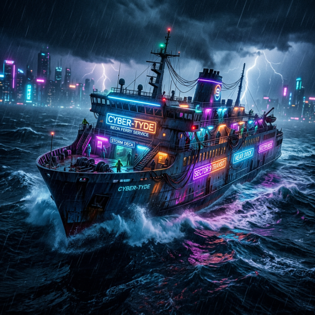 Neon-lit ferry Cyber-Tyde sailing through stormy sea with lightning and city skyline
