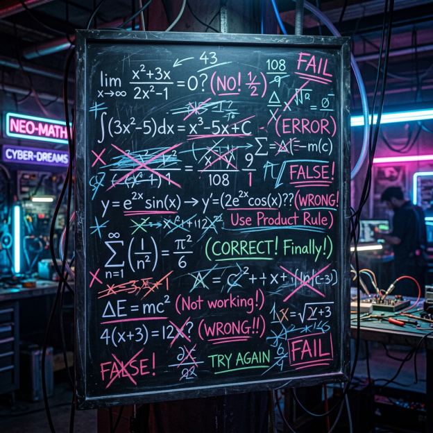 Chalkboard with math equations and annotations indicating errors and corrections