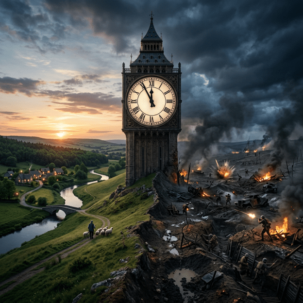 Big Ben clock tower dividing peaceful countryside with shepherd and wartime battlefield with soldiers and explosions