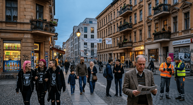 Various groups of people walking and chatting on a city street with buildings, shops, and graffiti