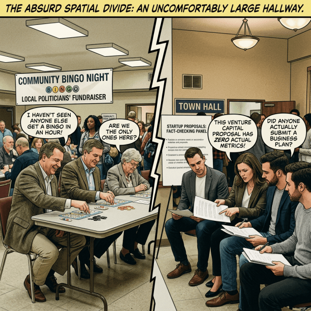 People playing bingo at a fundraiser and a group discussing startup proposals in a town hall meeting