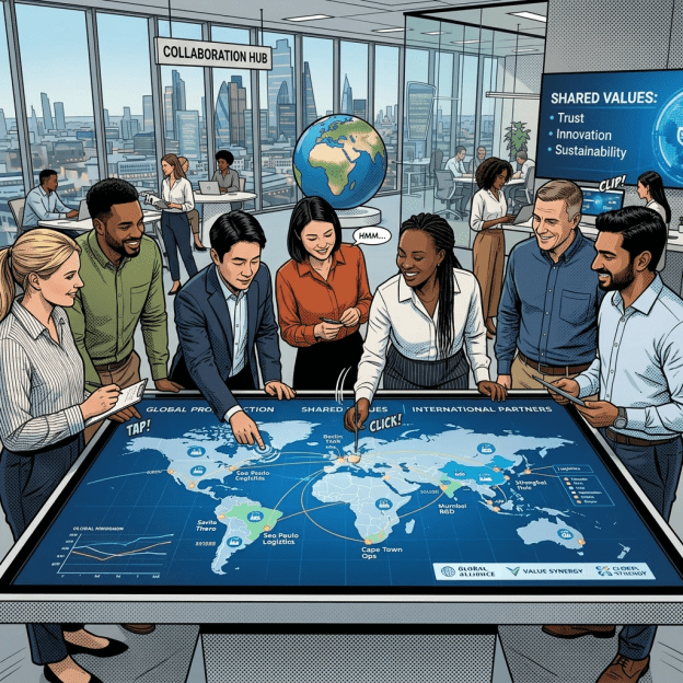 Diverse professionals discussing logistics and partnerships using a digital world map in office
