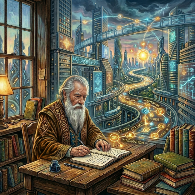 Person walking along an illuminated path with words like creativity, insight, and knowledge in a mystical forest.