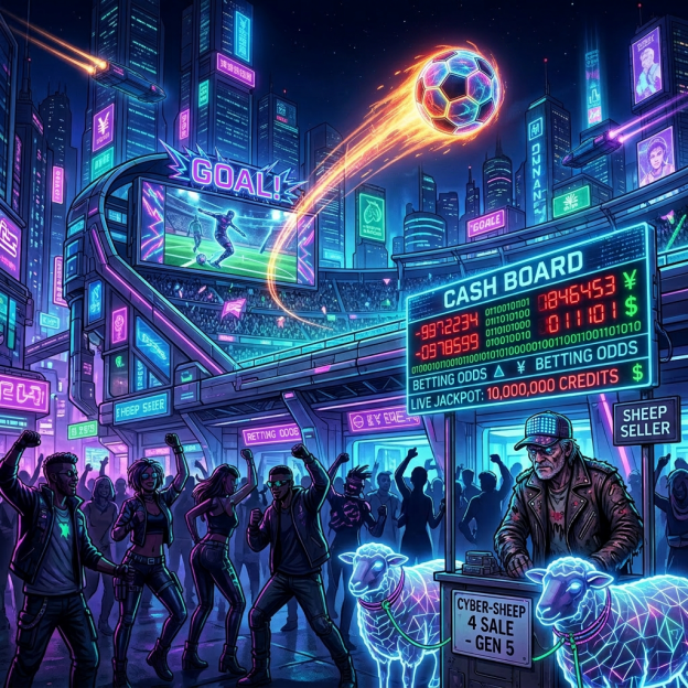 Cyberpunk city scene with excited crowd, neon signs, flying football, and cybernetic sheep seller booth