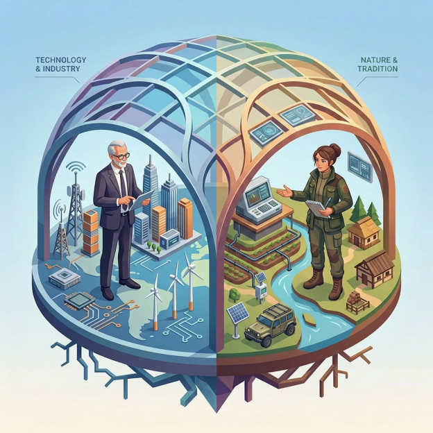 Half sphere showing technology and industry with a businessman and cityscape on one side, nature and tradition with a woman planting and farmland on the other