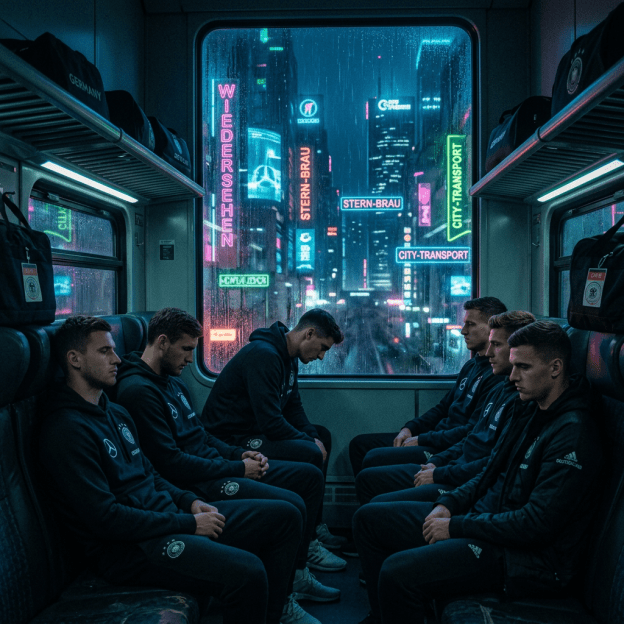 Six men in matching dark sportswear sitting on opposite seats inside a train, neon cityscape visible through a rain-speckled window.