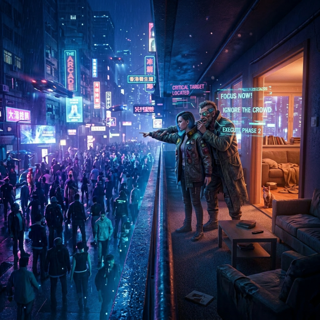 Person on balcony overlooking crowded neon-lit city street at night