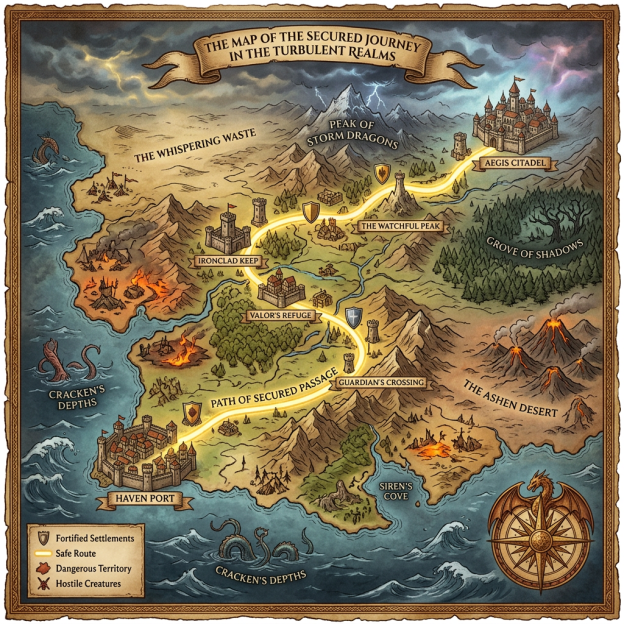 Fantasy map with safe route, fortified settlements, dangerous territories, hostile creatures, and landmarks