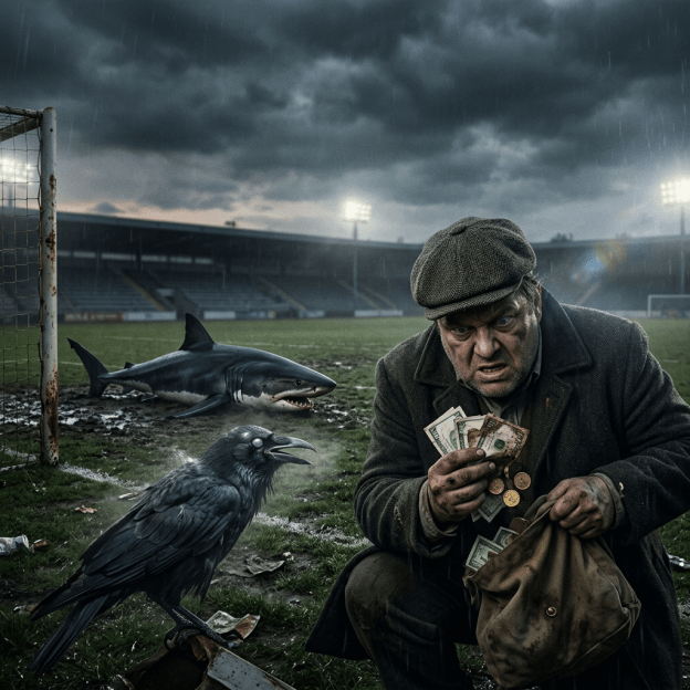 Man counting money on rainy football field with shark near goal and crow