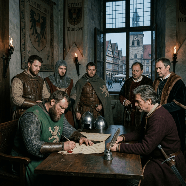 Medieval knights and nobles signing a document in a stone room with banners and a window showing a town square