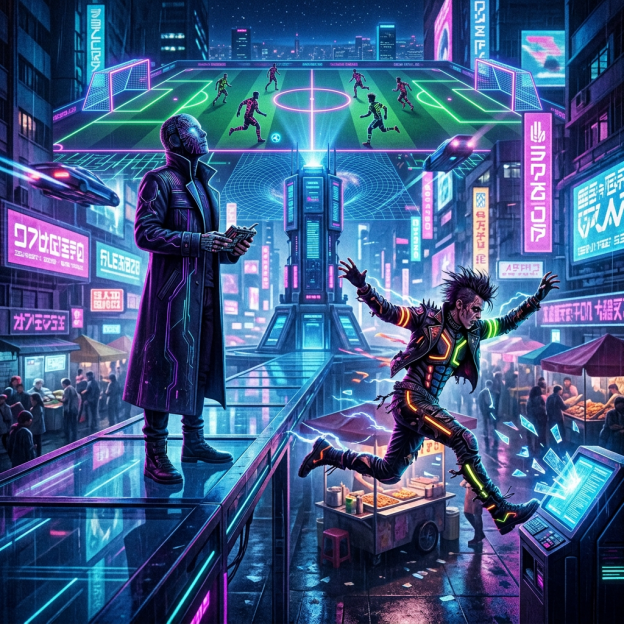 Cyberpunk city street with neon signs, two futuristic figures, one controlling holograms, another leaping over a glowing console