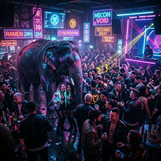 Crowd at a neon-lit nightclub with a large elephant decorated in glowing neon patterns