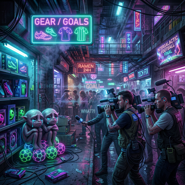 Two sad alien creatures sitting on glowing soccer balls with reporters filming them in a neon-lit urban alley
