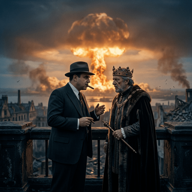 Man in 1920s suit and hat with cigar talking to medieval king wearing crown and fur cloak with nuclear explosion in background