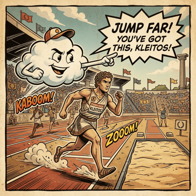 Female athlete Maya running on track towards sand pit with motivational cloud cheering