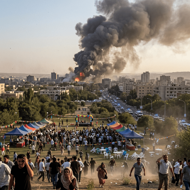 Crowd leaving a festival with fire and thick black smoke in city background