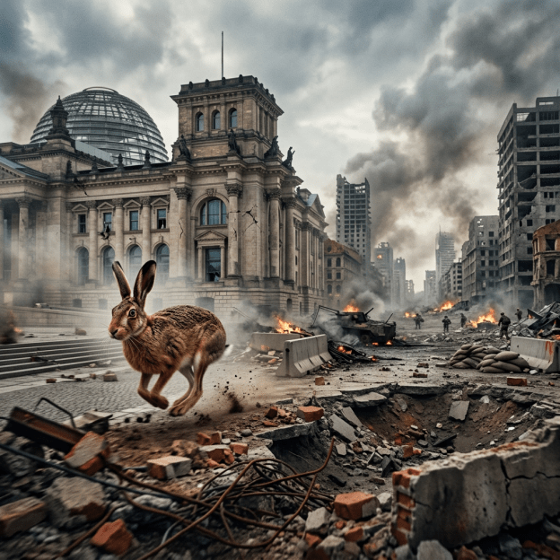 Hare running through ruins and smoke in a war-damaged city street