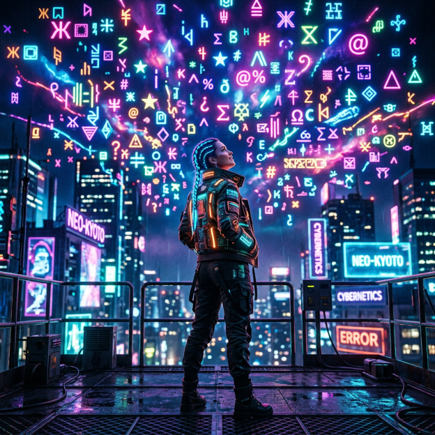 Person standing on rooftop overlooking futuristic city with neon symbols floating overhead