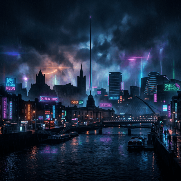 Dublin city skyline at night with neon signs and reflections on the river Liffey